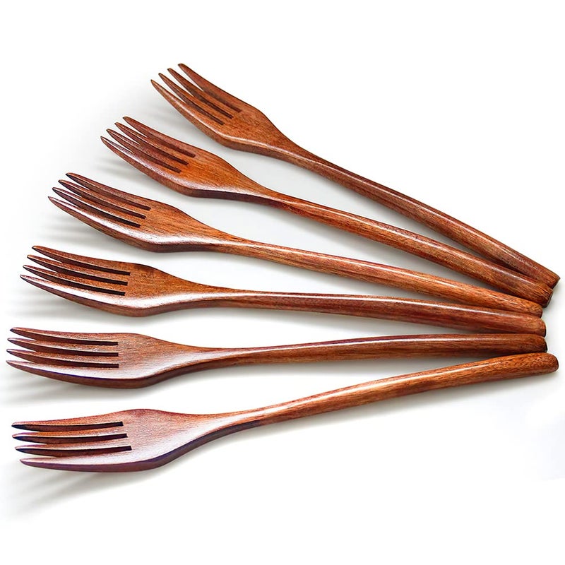 AOOSY Forks,Wooden Forks, AOOSY 6 Pieces Eco-friendly Japanese Wood Salad Dinner Forks Wooden Forks Set Reusable Handmade Natural Wood Flatware Set for Cooking Stirring Eating - Image 1